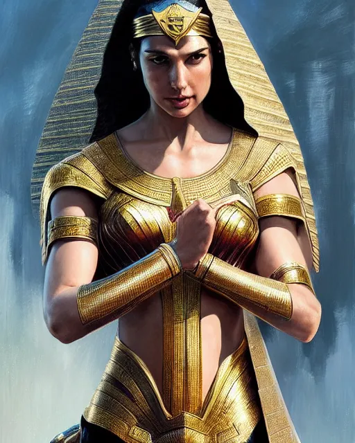 Prompt: Gal Gadot as a beautiful Egyptian princess, gorgeous, portrait, Symmetrical, powerful, intricate, beautiful, masterpiece, elegant, volumetric lighting, highly detailed, artstation, sharp focus, no cropping, illustration, Jean-Leon Gerome , ruan jia