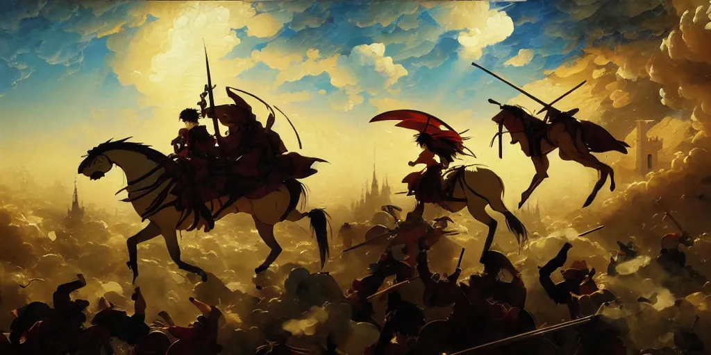 Image similar to baroque oil painting, anime key visual environment concept art, anime maids fighting a crusade in jerusalem, brutalist dark fantasy, trending pixiv fanbox, rule of thirds golden ratio, detail acrylic palette knife, illustrated by hayao miyazaki makoto shinkai jamie wyeth greg rutkowski chiho aoshima