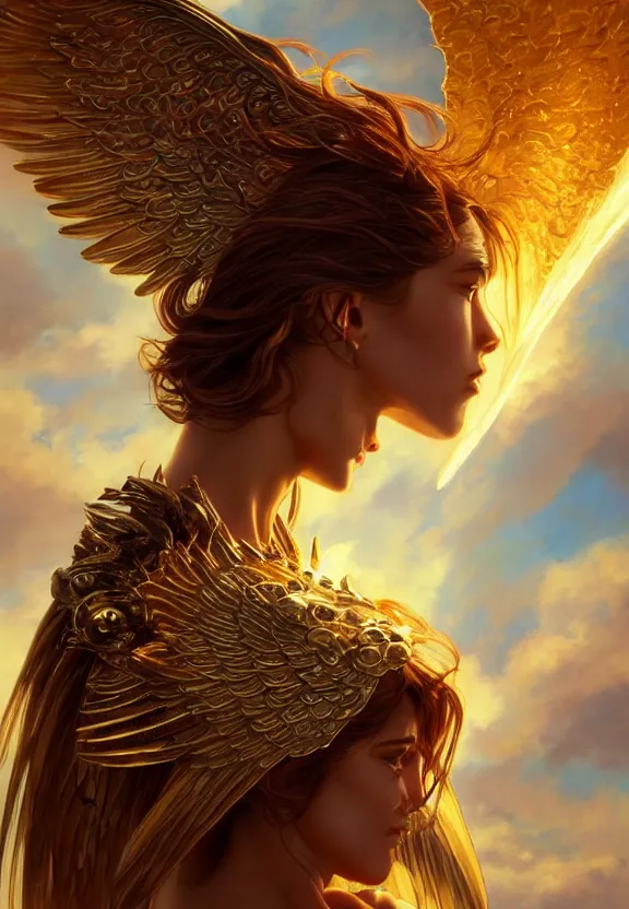 Prompt: A beautiful fierce angel with wings, wearing metal battle armor and a flaming sword, among heavenly sunlit clouds, intricate, elegant, digital painting, golden hour photography, profile shot, trending on artstation, concept art, smooth, sharp focus, realism, illustration, art by artgerm and Greg Rutkowski and Alphonse Mucha