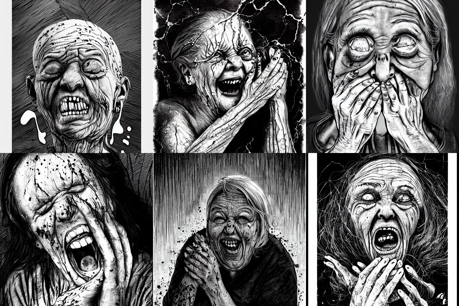 Prompt: old woman stubbing her toe, face only, fully clothed, in pain, laughing, portrait, in the style of scary stories to tell in the dark, hd, book cover, scary, black and grey, illustration, ink, ink splatter