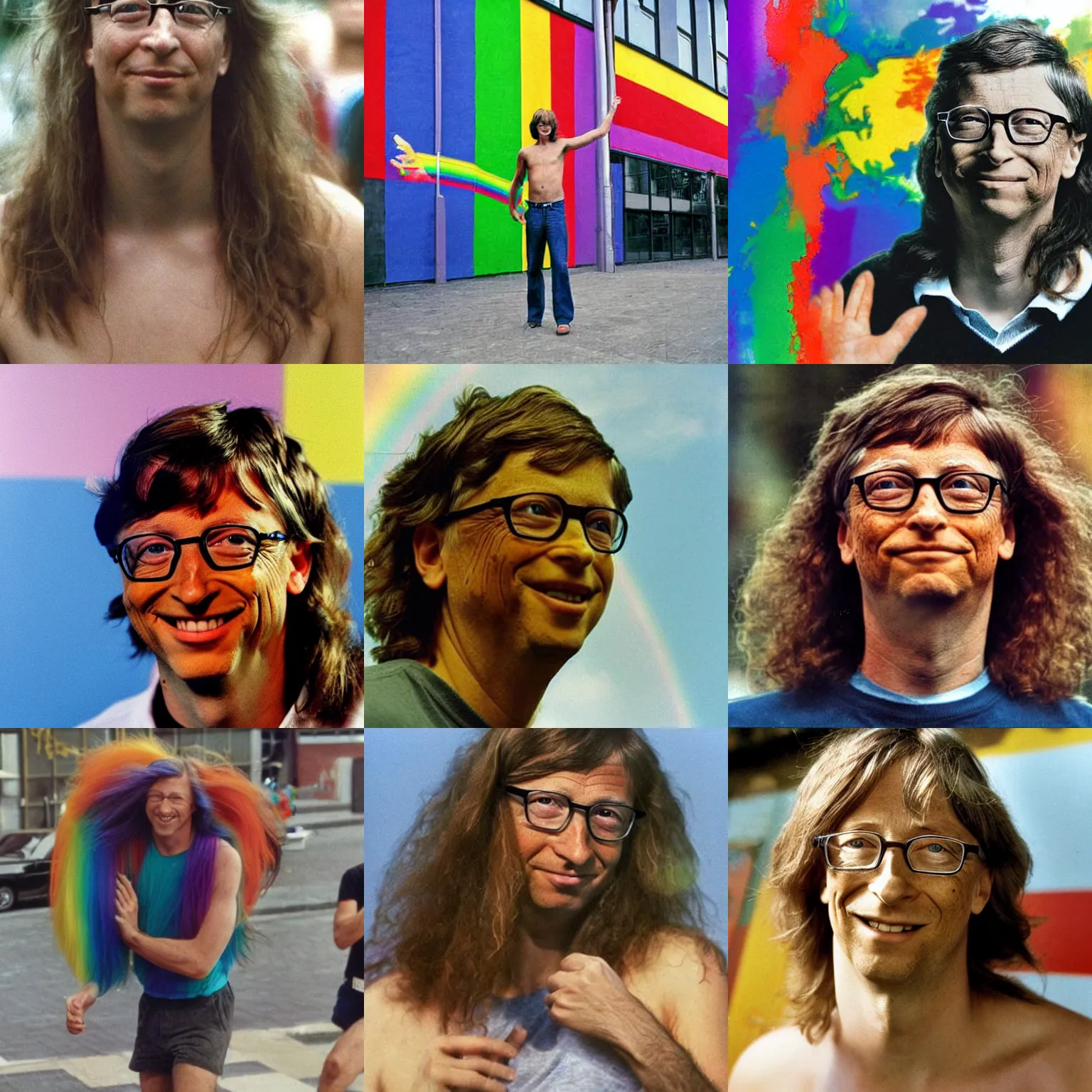 Prompt: real photograph, bill gates rainbow long hair, shirtless, in legnica, photo mid shot