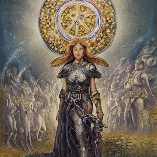 Image similar to jeanne d'arc in the style of william blake, terese nielsen, detailed, intricate, beautiful faces, steve argyle, triumphant fate, pastoral fantastic reality, photorealistic