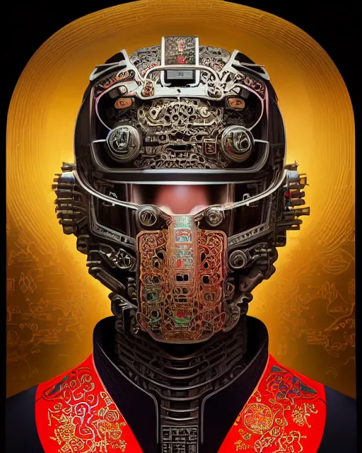 Image similar to portrait of a male cyberpunk machine, machine face, upper half portrait, decorated with chinese opera motifs, asian, fine china, wuxia, traditional chinese art, intricate, elegant, highly detailed, symmetry, headpiece, digital painting, artstation concept art smooth sharp focus, illustration, art by artgerm and greg rutkowski alphonse mucha 8 k