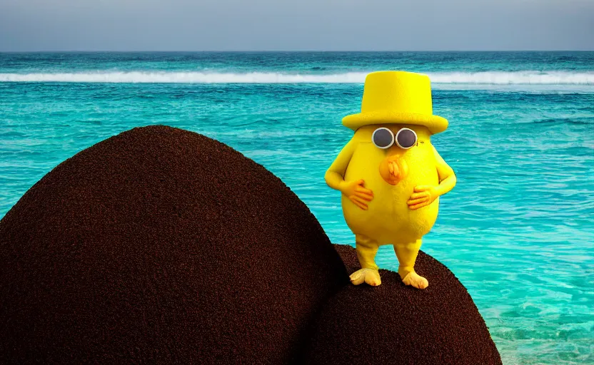 Image similar to 5 0 mm photograph, of a real anthropomorphic lemon character, fit body, with lemon skin texture, it is wearing a hat and scuba diving, building a sandcastle on the beach at sunset, beach, huge waves, sun, clouds, tropical trees, rim light, cinematic photography, professional, sand, sandcastle, volumetric lightening