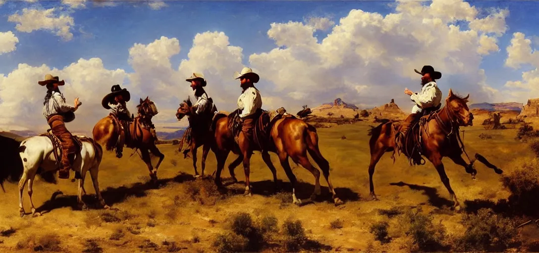 Image similar to painting of a strikingly beautiful blue sky with puffy white clouds over a western landscape, cowboys are having a shootout by eugene von guerard, ivan shishk, rosa bonheurn, john singer sargent, 4 k