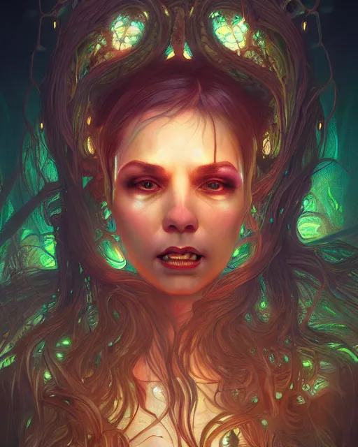 Image similar to portrait of a cute female monster, bioluminescent, veins, horror, happy, highly detailed, digital painting, cinematic, hyperrealism, dark retrowave, art by stanley lau and artgerm and magali villeneuve and alphonse mucha, artstation, octane render, cgsociety