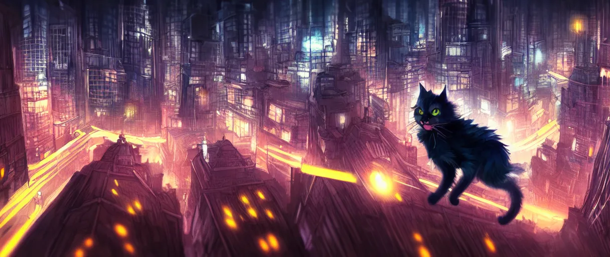 Prompt: hyper detailed concept art of choonky cute flooffy catman jumping, background the city at night sharp cinematic lighting 8k low angle shallow depth of field