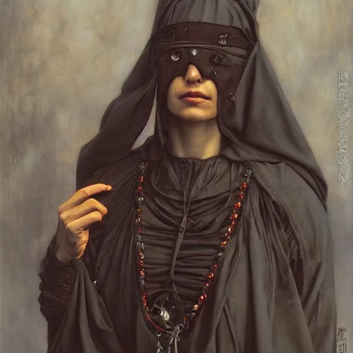 Prompt: portrait of a blindfolded priestess, by gerald brom, donato giancola, and berthold woltze.