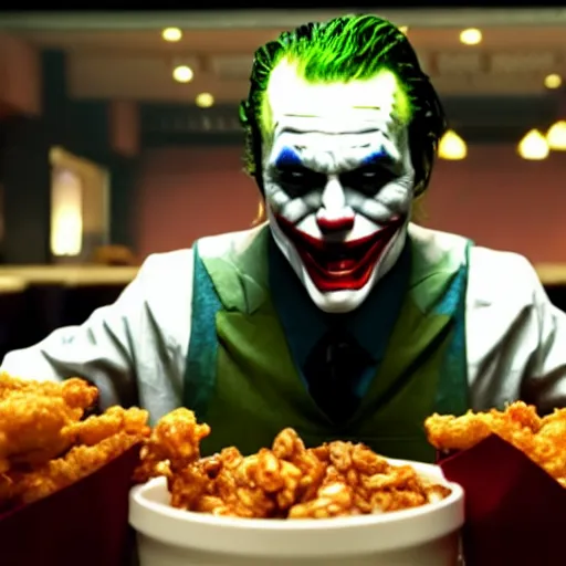 Prompt: cinematic shot of the joker sitting at a table and aggressively eating out of a bucket of chicken inside of a kfc restaurant, 8 k, very detailed, very intricate,
