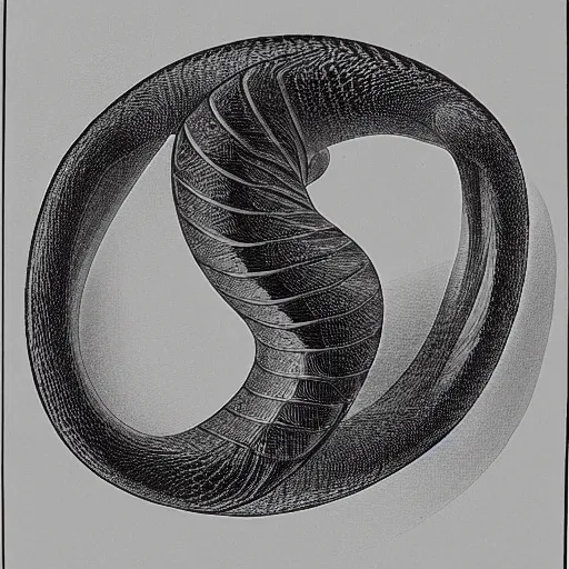 Image similar to black and white lithograph by m. c. escher of lizards inside a klein bottle