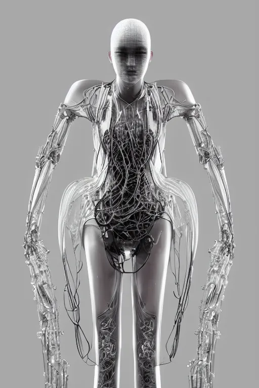 Image similar to iris van herpen, perfect symmetrical body, helmet on face, full body shot, inflateble shapes, wires, tubes, veins, jellyfish, white biomechanical details, wearing epic bionic cyborg implants, masterpiece, intricate, biopunk, vogue, highly detailed, artstation, concept art, cyberpunk, octane render