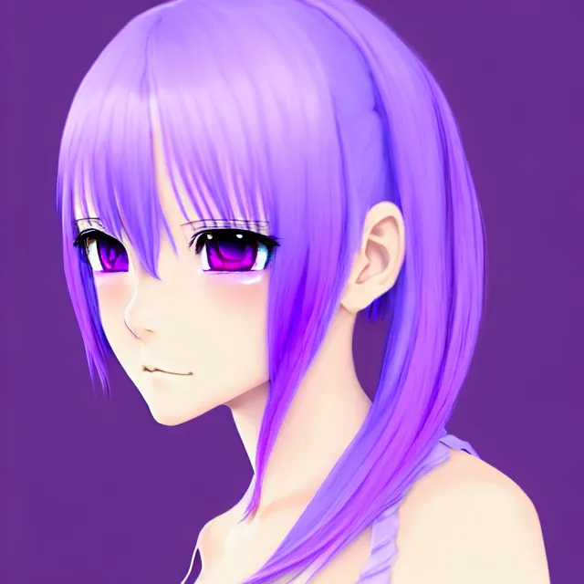 Image similar to a 3 d anime girl with lavender hair, purple eyes and white dress, profile photo, digital artwork, very beautiful face, extremely detailed