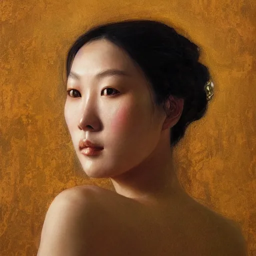 Image similar to high quality portrait painting of woman by Zhong Fenghua and Gustav Klimt, stunning, detailing, artstation trending, perfect lighting, golden hour, face detailing