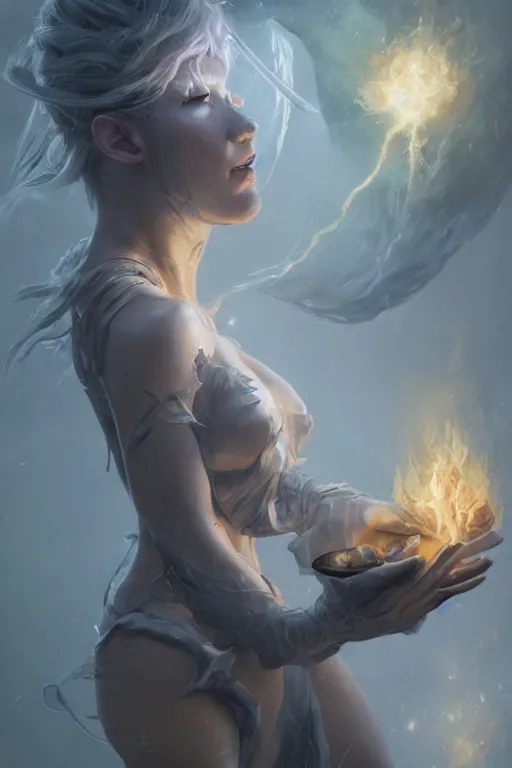 Image similar to torso closeup beautiful girl necromancer, witch, storm clouds, thunder in hands, casting spell, angels, 3 d render, hyper - realistic detailed portrait, holding fire and electricity, ruan jia, wlop. scifi, fantasy, magic the gathering, hyper detailed, octane render, concept art, peter mohrbacher