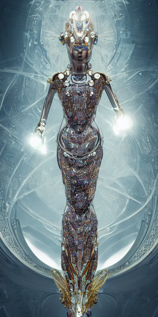 Prompt: a incredible elegant hollow bionic art nouveau alien galaxy japanese pearl queen superhero, with ornate jewelled, sci - fi, high - tech, the met museum, streamlined, futuristic, spot lighting, led, photorealistic, high detailed, concept art, exquisite aristocratic, industrial factory by leonardo da vinci rendered in octane 8 k