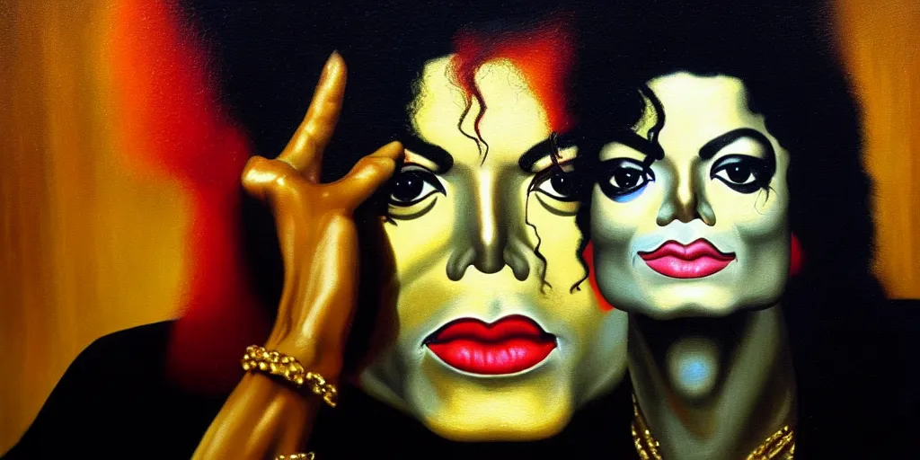 Image similar to michael jackson in drag in a nightclub, abstract oil painting by gottfried helnwein pablo amaringo raqib shaw zeiss lens sharp focus high contrast chiaroscuro gold complex intricate bejeweled