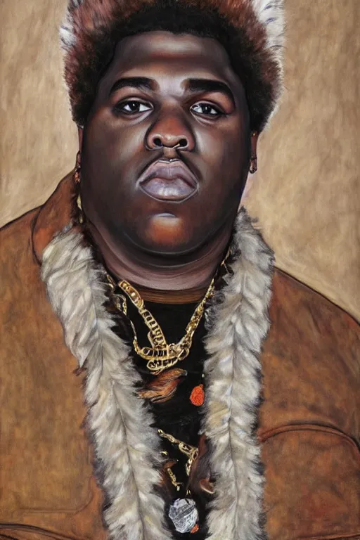 Image similar to a full body!! portrait of biggie smalls wearing boho - chic style clothes, with a fur muffler and feathers, realistic painting in egon schiele style, masterpiece, hyperdetailed, complex, intricate, 4 k, hyperrealistic, trending on artstation