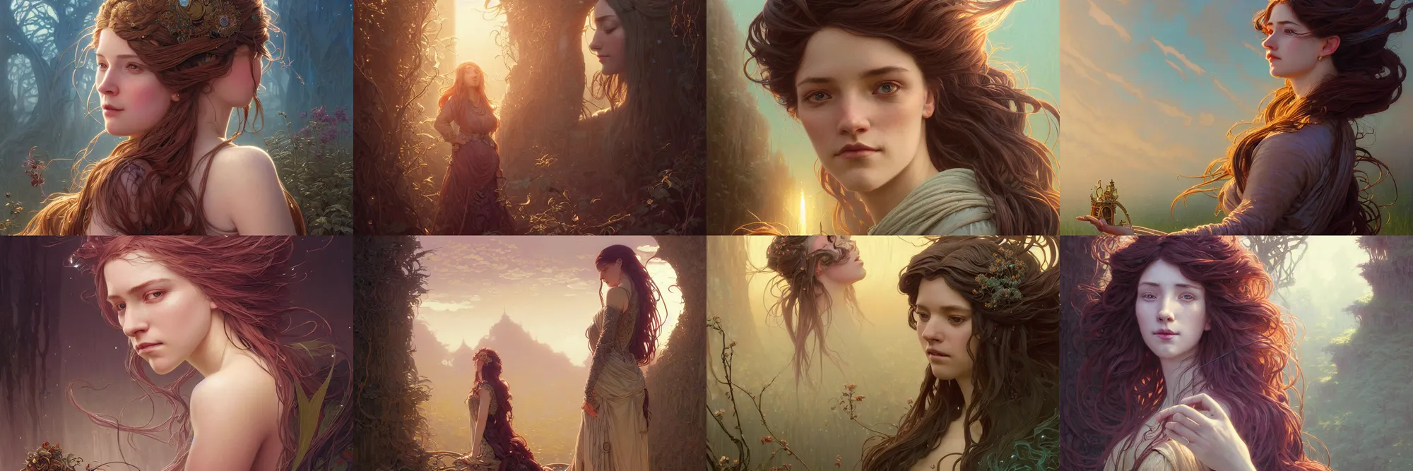 Image similar to highly detailed portrait of a woman with long hairs, stephen bliss, unreal engine, fantasy art by greg rutkowski, art nouveau, loish, rhads, ferdinand knab, makoto shinkai and lois van baarle, ilya kuvshinov, rossdraws, tom bagshaw, alphonse mucha, global illumination, radiant light, detailed and intricate environment