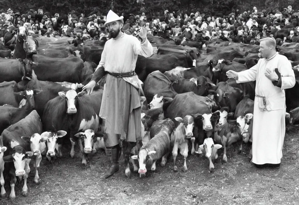 Image similar to jesus preaching to cows in nazi germany, dressed as a milkman