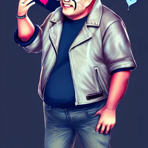 Prompt: a slightly chubby middle aged man with a grey hair mohawk wearing a leather jacket, heart shaped sunglasses, jeans, and a tshirt. blender art, illustrations, pixiv, by ribosoma _ 4 2, guweiz