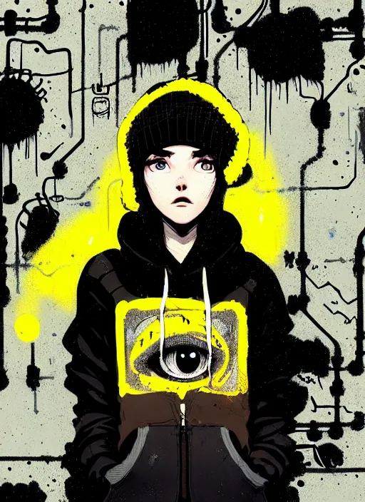 Image similar to highly detailed portrait of a sewerpunk student lady, blue eyes, hoody, beanie hat, black curly hair by atey ghailan, by joe fenton, by greg rutkowski, by greg tocchini, by kaethe butcher, gradient yellow, black, brown and cyan color scheme, grunge aesthetic!!! ( ( dystopian graffiti tag wall background ) )