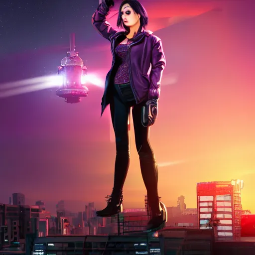 Prompt: highres photo portrait of cyberpunk girl standing on a rooftop, short purple hair with undercut, realistic body shape, wearing long leather trenchcoat and black cargo pants. night time, neon cityscape background, flying blimp with searchlights shining in the distance. 8 k high resolution