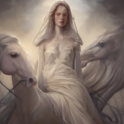 Image similar to portrait of a woman, white horse, roses, dreamy, fantasy, pain, intricate, elegant, highly detailed, digital painting, artstation, concept art, matte, sharp focus, illustration, octane render, unreal engine, art by aenaluck and roberto ferri and greg rutkowski, epic fantasy, digital painting