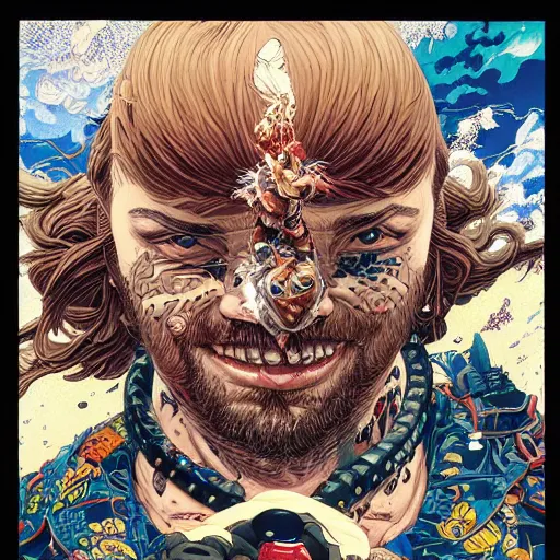 Image similar to portrait of crazy post malone punching, symmetrical, by yoichi hatakenaka, masamune shirow, josan gonzales and dan mumford, ayami kojima, takato yamamoto, barclay shaw, karol bak, yukito kishiro