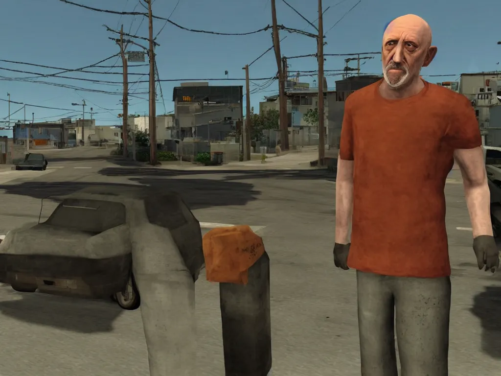 Image similar to Mike Ehrmantraut in Grove Street, screenshot from the PS2 version of GTA San Andreas, orange sky