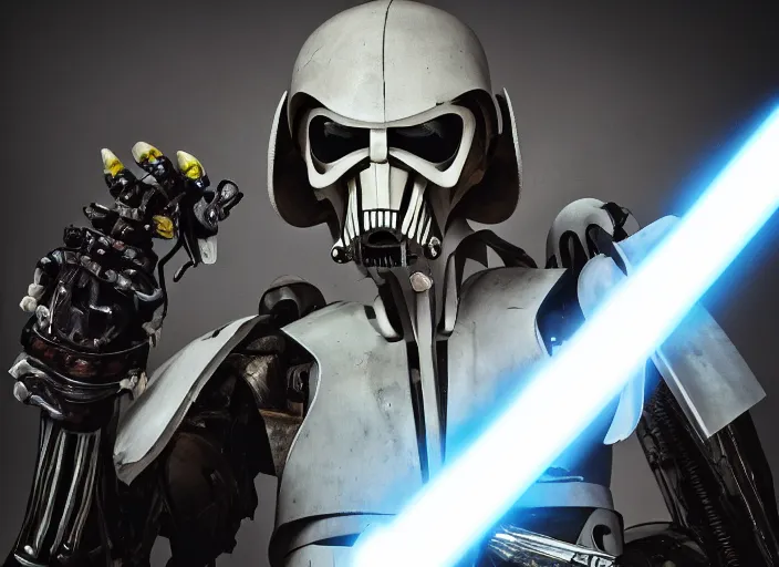 Image similar to portrait photo of general grievous with arms holding a lightsaber in each hand. cyberpunk horror style.