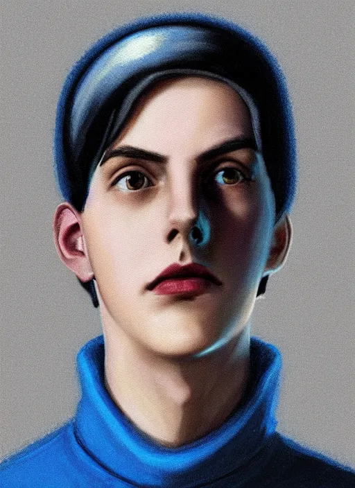 Image similar to portrait of teenage jughead jones wearing a light grey crown, crown, blue turtleneck, 1 9 5 0 s, closed eyes, photorealistic, black hair, glowing lighting, intricate, elegant, glowing lights, highly detailed, digital painting, artstation, concept art, smooth, sharp focus, illustration, art by wlop, mars ravelo and greg rutkowski