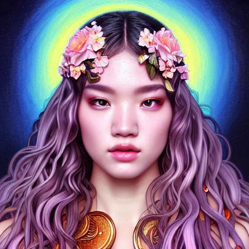 Image similar to portrait of jossi of blackpink, goddess of the moon, highly detailed, digital painting, smooth, sharp focus, illustration, ultra realistic, 8 k, art by artgerm and alphonse mucha