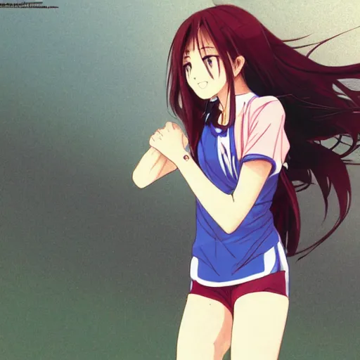 Image similar to a girl is running, sport clothing, anime style, long hair, hair down, symmetrical facial features, smiling face expression, from yowamushi pedal, hyper realistic, rule of thirds, extreme detail, detailed drawing, trending pixiv, realistic lighting, by alphonse mucha, greg rutkowski, sharp focus, backlit, high budget show