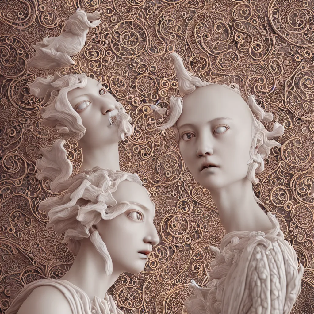 Prompt: A Close up photo-real delicate ceramic porcelain sculpture of an ornate detailed in front of an intricate background by Victo Ngai, micro detail, backlit lighting, face in focus, thin porcelain, octane renderer, colorful, physically based rendering, trending on cgsociety