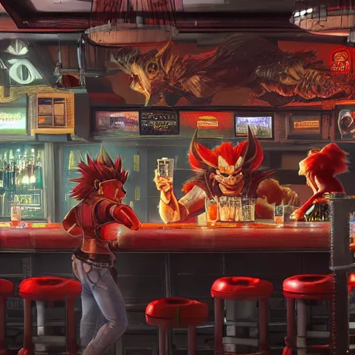 Image similar to an ultradetailed 3 d render of shadow the hedgehog and bowser sitting in a bar drinking beer, dive bar with a karaoke machine, volumetric lighting, 4 k, octane render, art by greg rutkowski and alphonse mucha and andreas rocha and albert bierstadt