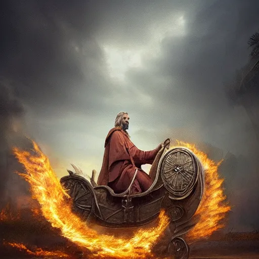 Image similar to Beautiful hyperrealistic detailed matte painting of a 60 year old man in Biblical outfit riding the carriage of an ancient chariot made of fire pulled by firey horses. nightime.