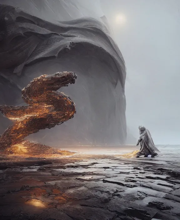 Prompt: surreal epic, masterpiece, romantic prometheus horizontal white exploration base, ochre ancient palette, building architecture by ruan jia, futuristic, blame, white architecture in the beach in iceland, foggy, highly detailed, digital painting, arstation, concept art, hyperealistic octane render, unreal engine