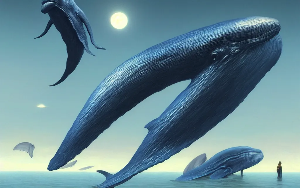 Prompt: realistic render portrait of flying blue whales towards the moon, intricate, toy, sci - fi, extremely detailed, digital painting, sculpted in zbrush, artstation, concept art, smooth, sharp focus, illustration, chiaroscuro lighting, golden ratio, incredible art by artgerm and greg rutkowski and alphonse mucha and simon stalenhag
