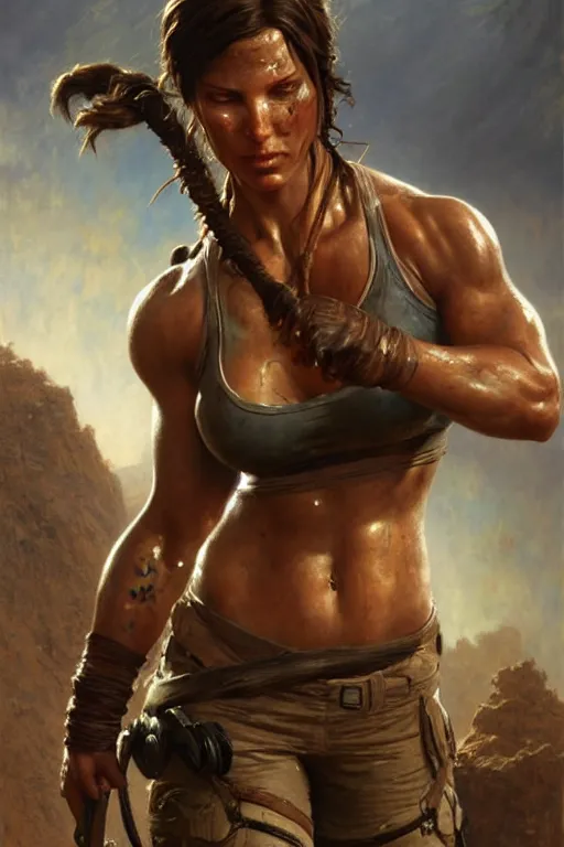 Image similar to muscular sweat lara croft, covers with mud exhausted face close up, highly detailed painting by gaston bussiere, craig mullins, j. c. leyendecker 8 k