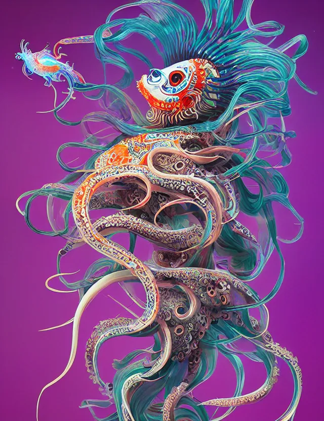 Image similar to 3 d goddess squid half - turn portrait with long hair with ram skull. beautiful intricately detailed japanese crow kitsune mask and clasical japanese kimono. betta fish, jellyfish phoenix, bio luminescent, plasma, ice, water, wind, creature, artwork by tooth wu and wlop and beeple and greg rutkowski