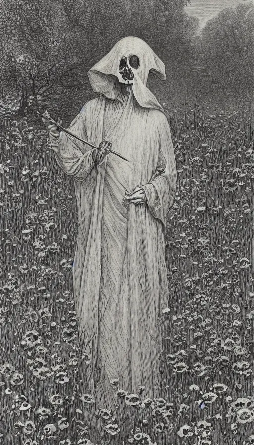 Image similar to grim reaper with no face at distance in beautiful meadow of flowers, detailed pencil illustration by gustave dore, highly detailed, centered, high resolution, smooth, sharp focus, illustration