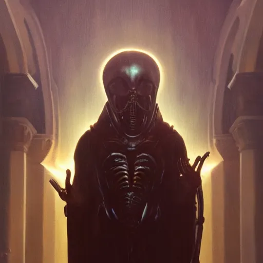 Image similar to a portrait of a xenomorph radiating holy light in the church,in the style of greg rutkowski,epic lighting,Postmodernism style,Masterpieces,oil on canvas