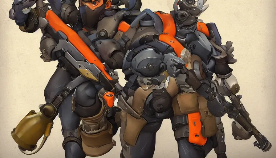 Image similar to Concept art for new overwatch character: The Sabotuer, French Special Ops, Skinny, Spy, Uses Explosives, Planted Charge, C4 Explosive, Roguish, and Hand Grenades, Anti-tank Rifle, Dark Humor, Male, Rugged, Dagger, High-tech, Fast, Black and Orange