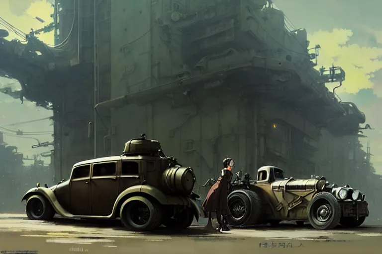 Image similar to dieselpunk, car, painted by greg rutkowski makoto shinkai takashi takeuchi studio ghibli, akihiko yoshida