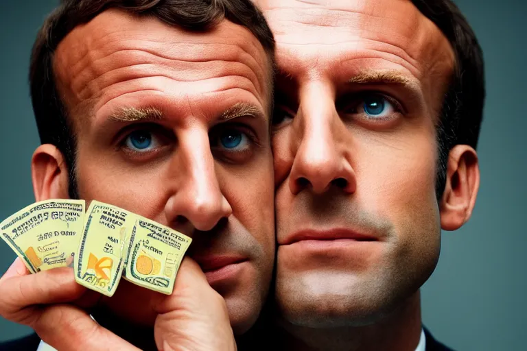 Prompt: close up portrait of emmanuel macron holding bags of money, photograph, natural light, sharp, detailed face, magazine, press, photo, steve mccurry, david lazar, canon, nikon, focus