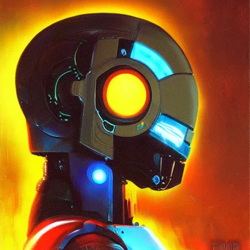 Image similar to a dark and colorful close - up side profile portrait of a sci - fi mecha robot with led lights glowing fog in the background. highly detailed science fiction painting by norman rockwell, frank frazetta, and syd mead. rich colors, high contrast, gloomy atmosphere, dark background. trending on artstation