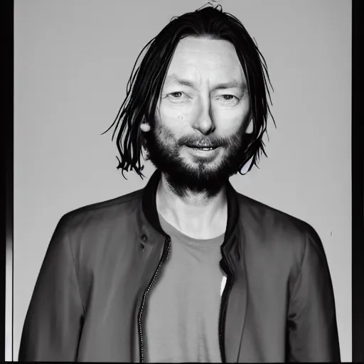 Image similar to Smiling Thom Yorke, with a beard and a black jacket, a portrait by John E. Berninger, dribble, neo-expressionism, uhd image, studio portrait, 1990s