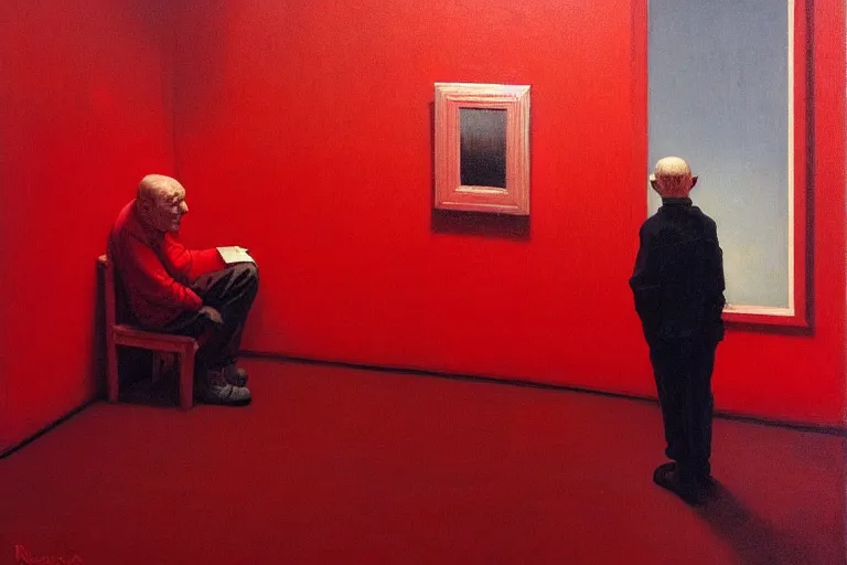 Image similar to only with red, a red old man try to sell a portrait, cheering crowd, in the style of beksinski, parts by edward hopper, parts by rodcenko, parts by yue minjun, intricate and epic composition, red by caravaggio, insanely quality, highly detailed, masterpiece, red light, artstation, 4 k