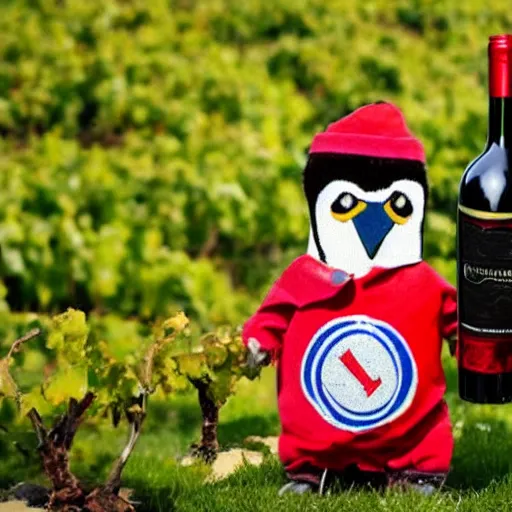 Prompt: a penguin dresses with chilean national outfit holding a bottle of wine in the style of 9 0 s video game