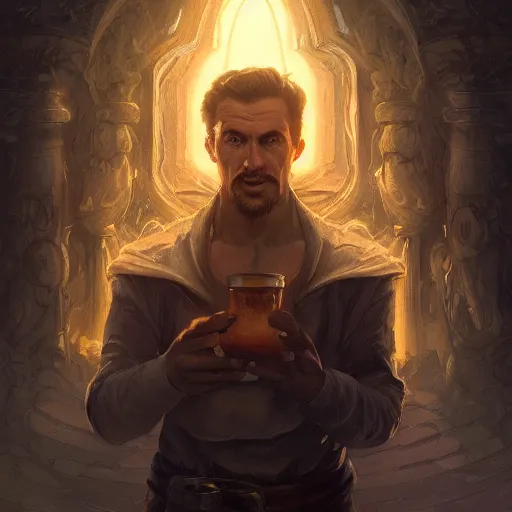 Image similar to man holding he's soul in a jar portrait, backlight, rim lighting, deep focus, d & d, fantasy, intricate, elegant, highly detailed, digital painting, artstation, concept art, matte, centered, sharp focus, illustration, hearthstone, art by artgerm, greg rutkowski and alphonse mucha